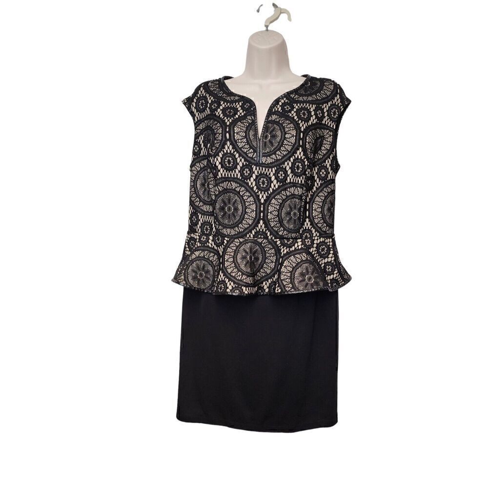 Enfocus Black Floral Lace Panel Back Zipper Sleeveless Stretch Peplum Dress 14W